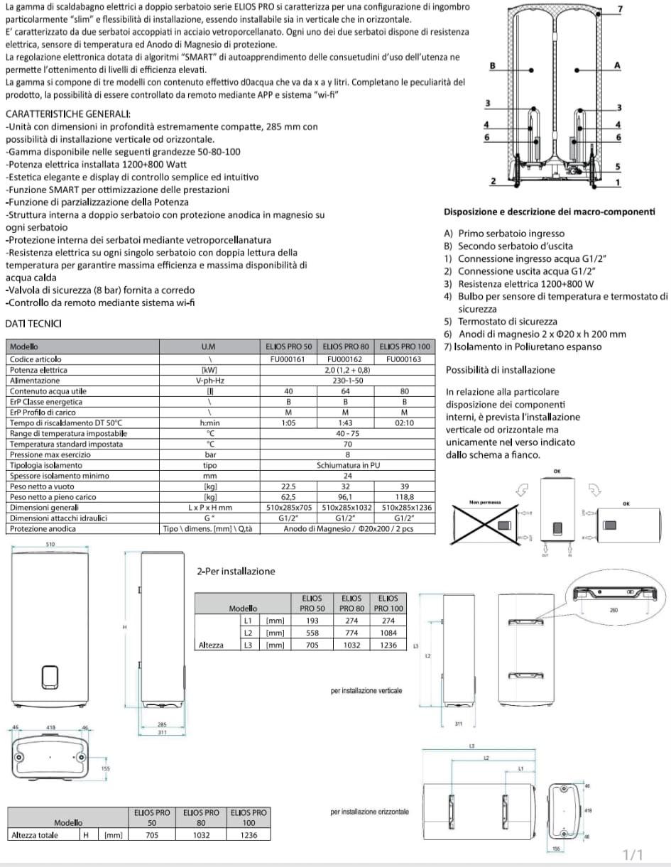 SCALDABAGNO ELETTRICO ELIOS PRO COMPATTO DOPPIO SERBATOIO LT. 50